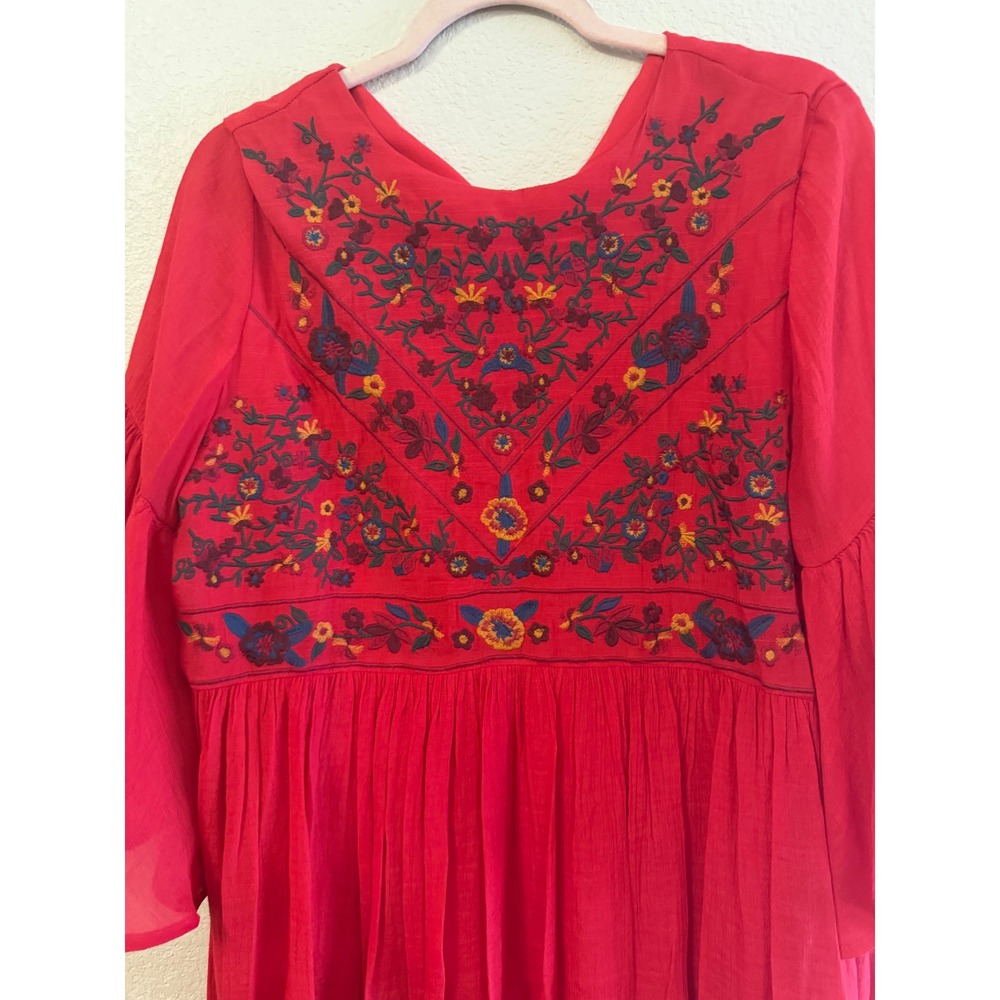 Altar'd State Red Embroidered Boho Tiered Mini Dress Bell Sleeve Medium C0384 - Picture 4 of 10